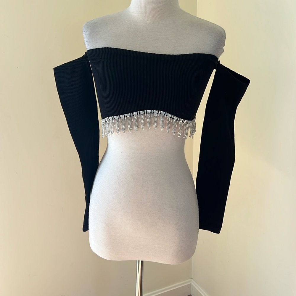 New! Zara M-L black rhinestone off the shoulder crop top.